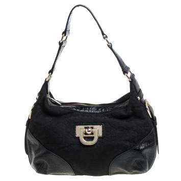 Dkny Black Signature Canvas and Croc Embossed Leather Buckle Hobo