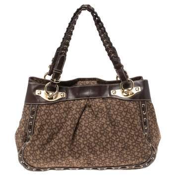 Pre Owned Dkny Brown Signature Canvas and Leather Whipstitch Tote