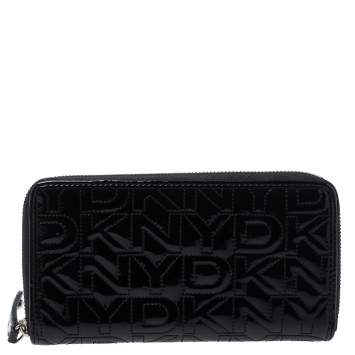 Pre Owned Dkny Black Patent Leather Zip Around Continental Wallet