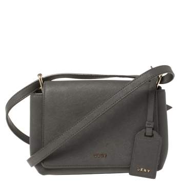 Pre Owned Dkny Grey Leather Logo Flap Crossbody Bag