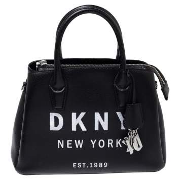 Pre Owned Dkny Black Embroidered Logo Leather Hutton Satchel