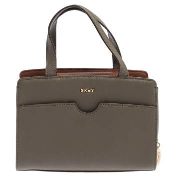 Pre Owned Dkny Khaki Green Leather Front Pocket Satchel 
