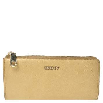 Pre Owned Dkny Metallic Beige Leather Zip Around Wallet
