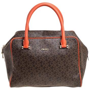Pre Owned Dkny Brown/Orange Monogram Coated Canvas and Leather Satchel