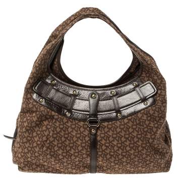 Pre Owned Dkny Brown Monogram Canvas and Leather Studded Hobo