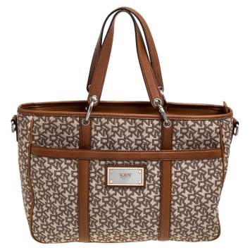 Pre Owned DKNY Brown/Beige Signature Canvas and Leather Front Pocket Zip Tote