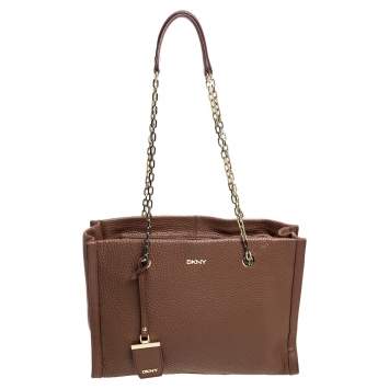 Pre Owned Dkny Brown Pebbled Leather Chain Tote