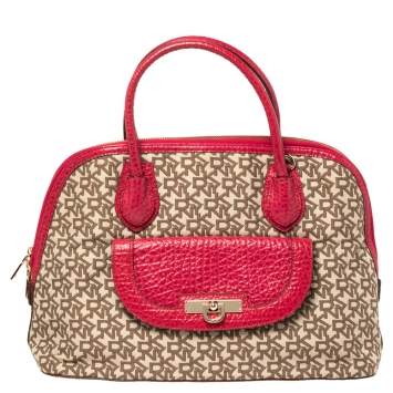 Pre Owned Dkny Beige/Pink Monogram Canvas and Leather Dome Satchel