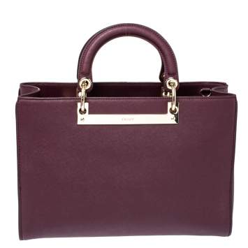 Pre Owned Dkny Burgundy Leather Logo Plague Zip Tote