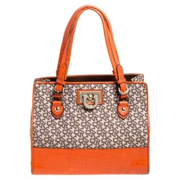 Pre Owned Dkny Orange Croc Embossed Leather and Beige Signature Canvas Tote