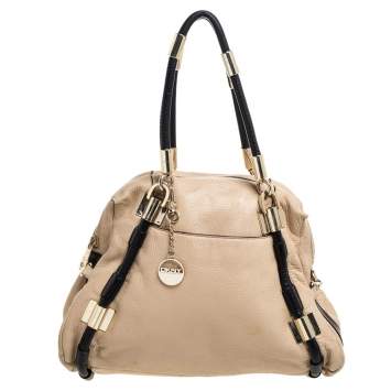 Pre Owned DKNY Beige/Black Leather Metal Detail Satchel  