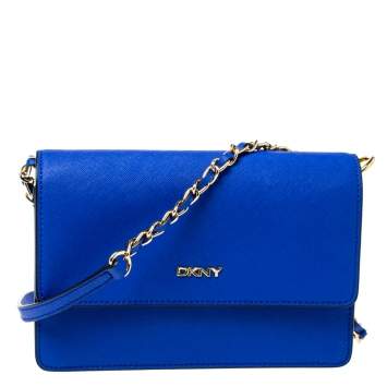 Pre Owned DKNY Blue Saffiano Leather Bryant Park Flap Crossbody Bag