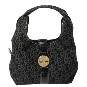 Pre Owned Dkny Black/Grey Signature Canvas and Leather Hobo