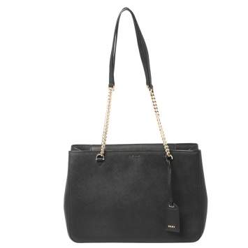 Pre Owned Dkny Black Leather Magnetic Flap Chain Tote