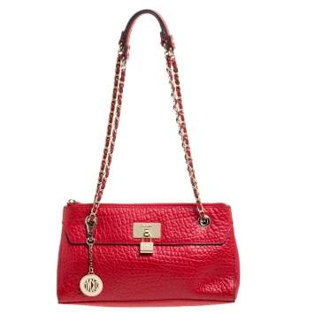 Pre Owned DKNY Red Textured Leather Lock Chain Shoulder Bag