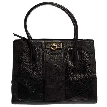 Pre Owned DKNY Black Textured Leather Middle Zip Tote