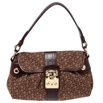 Pre Owned Dkny Brown Signature Canvas and Croc Embossed Leather Push Lock Flap Hobo