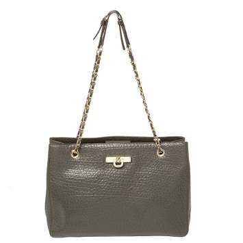Pre Owned DKNY Dark Grey Leather Chain Handle Tote