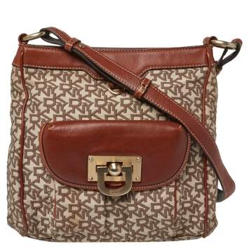 Pre Owned DKNY Brown Signature Canvas and Leather Trim Messenger Bag