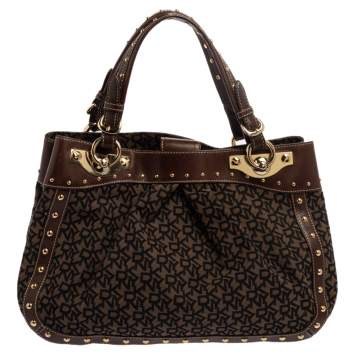 Pre Owned Dkny Brown/Black Signature Canvas and Leather Studded Satchel