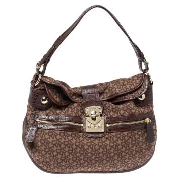 Pre Owned Dkny Brown Signature Canvas and Leather Hobo 