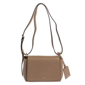 Pre Owned Dkny Beige Leather Logo Flap Crossbody Bag