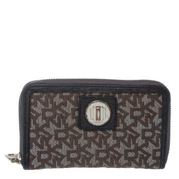 Pre Owned Dkny Brown/Black Monogram Canvas and Leather Zip Around Wallet