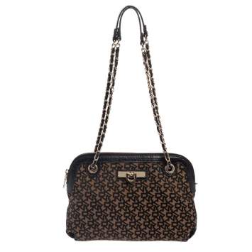 Pre Owned DKNY Black/Brown Signature Canvas and Leather Chain Shoulder Bag