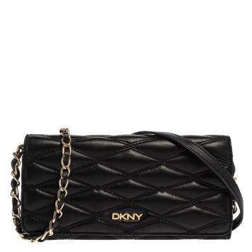 Pre Owned DKNY Black Quilted Leather Flap Wallet On Chain