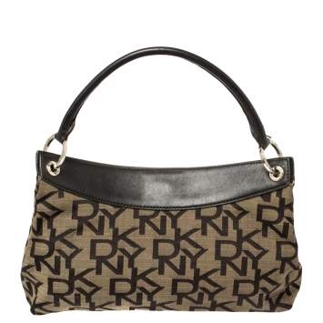 Pre Owned Dkny Dark Brown Signature Canvas and Leather Ring Handle Hobo