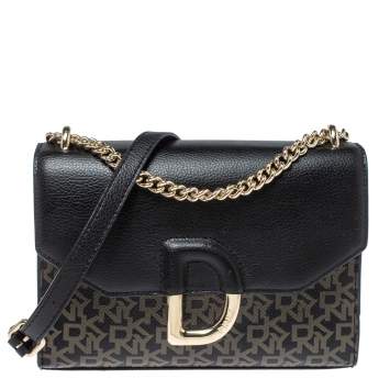 Pre Owned DKNY Black Signature PVC and Leather Von Flap Shoulder Bag