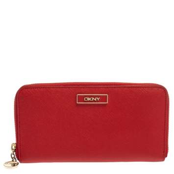 Pre Owned DKNY Red Leather Zip Around Wallet