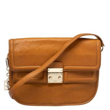 Pre Owned DKNY Tan Leather Push Lock Shoulder Bag