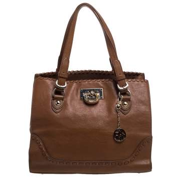 Pre Owned Dkny Tan Leather Beekman French Whipstitch Trim Tote