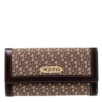 Pre Owned Dkny Beige/Brown Signature Canvas and Leather Wallet