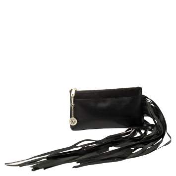Pre Owned DKNY Black Leather Fringe Clutch