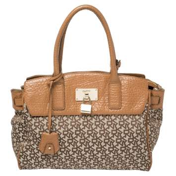 مملوكة مسبقًا Dkny Beige/Brown Signature Canvas and Leather Heritage Lock Tote