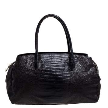 Pre Owned Dkny Dark Brown Croc Embossed Leather Zipped Satchel