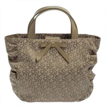 Pre Owned Dkny Pale Green/Beige Monogram Canvas and Lizard Embossed Bow Tote
