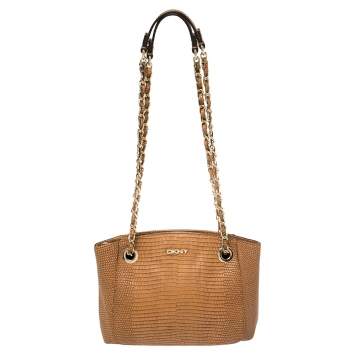Pre Owned DKNY Brown Lizard Embossed Leather Chain Shoulder Bag