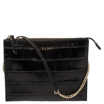 Pre Owned Dkny Black Croc Embossed Leather Shoulder Bag