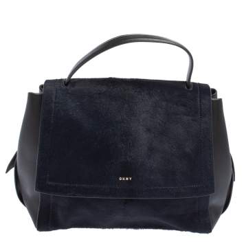 Pre Owned DKNY Blue/Black Calf Hair and Leather Greenwich Top Handle Bag