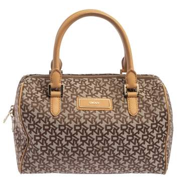 Pre Owned DKNY Beige/Tan Signature Canvas and Leather Boston Bag