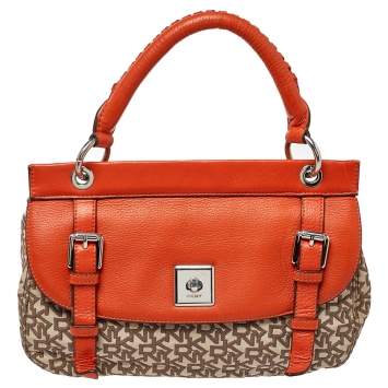 Pre Owned Dkny Orange/Beige Signature Canvas and Leather Top Handle Bag
