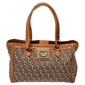 Pre Owned Dkny Beige/Tan Signature Canvas and Leather Tote 