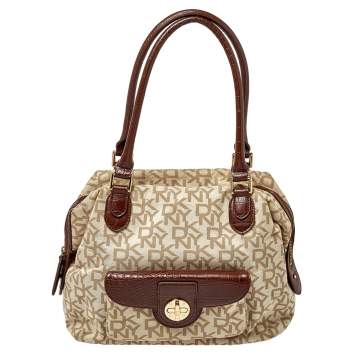 Pre Owned Dkny Beige/Brown Monogram Canvas and Croc Embossed Leather Turnlock Pocket Satchel