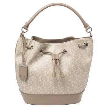 Pre Owned DKNY Grey Signature Coated Canvas and Leather Drawstring Bucket Bag