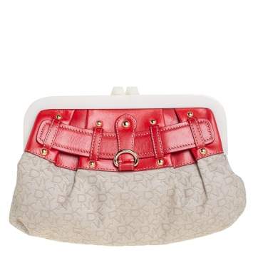 Pre Owned DKNY Beige/Orange Signature Canvas and Leather Kisslock Frame Clutch