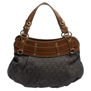 Pre Owned Dkny Navy Blue/Brown Monogram Canvas and Leather Hobo