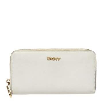 Pre Owned Dkny White Saffiano Leather Zip Around Continental Wallet 